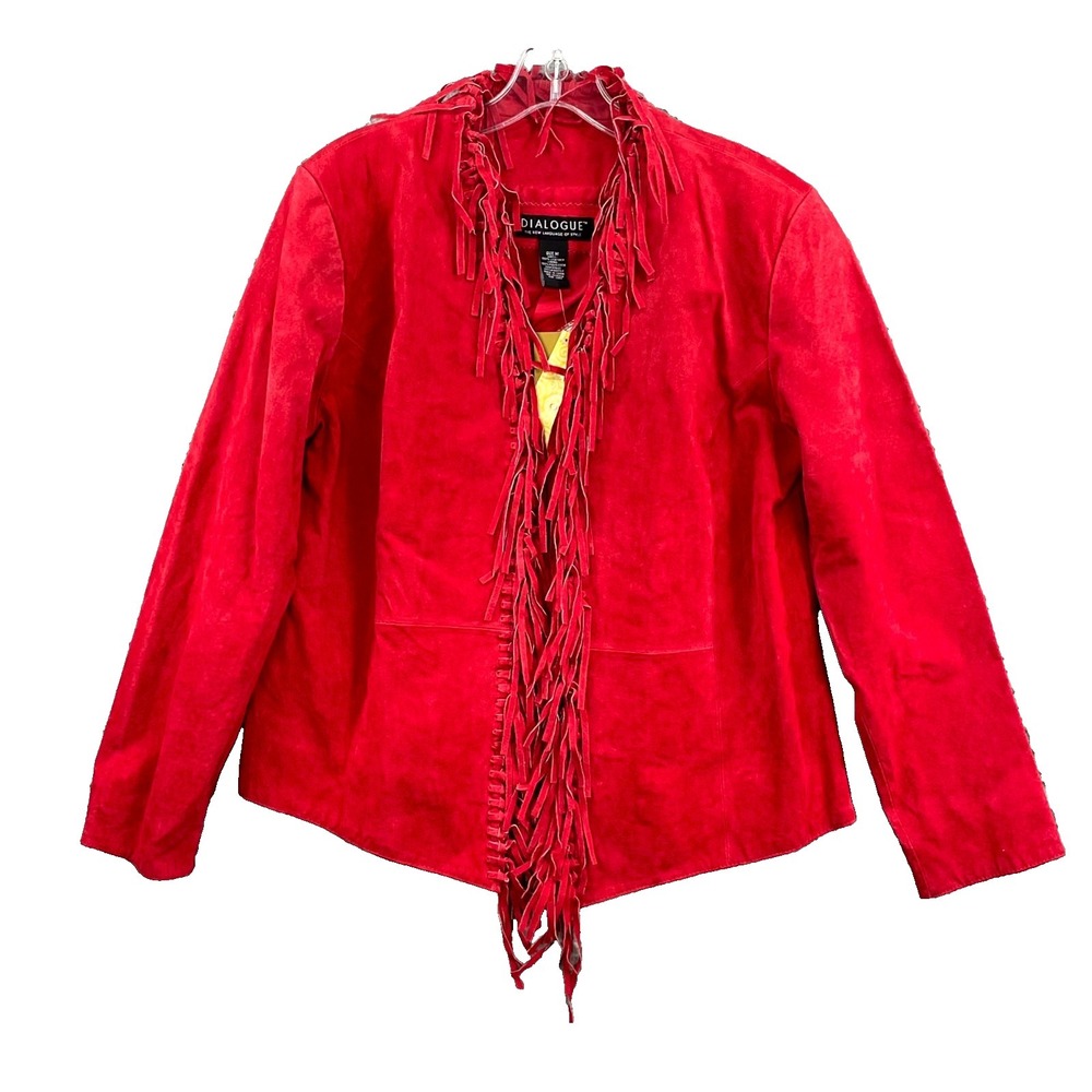 VTG Dialogue Jacket Womens Medium Suede Leather Fringe Trim Western Cowgirl Boho